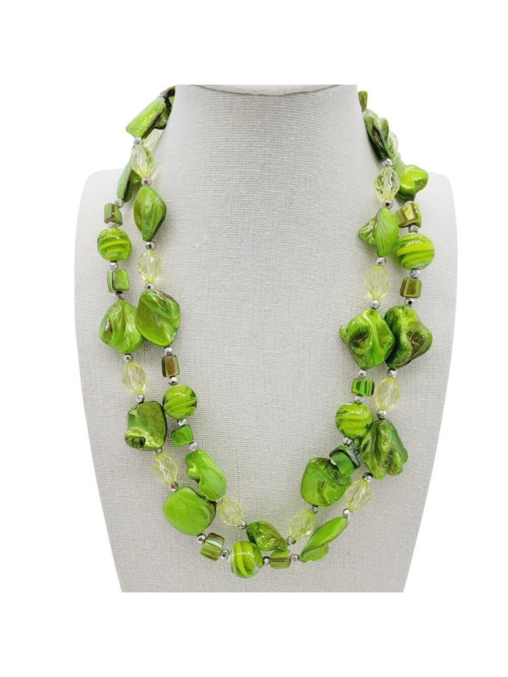 Artisan Green Shell & Art Glass Layered Beaded Necklace 17"